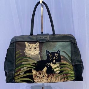 Vintage Isabella Fiore Carpet Bag/ Satchel Embroidered kitty motif